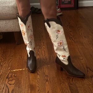 Floral Embroidered Heeled Boots - Brown and Cream